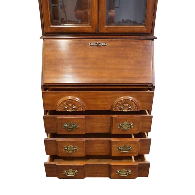 Brown High End Vintage Solid Cherry Traditional Style 34" Secretary Desk W. Double Bonnet Display Hutch For Sale - Image 8 of 13