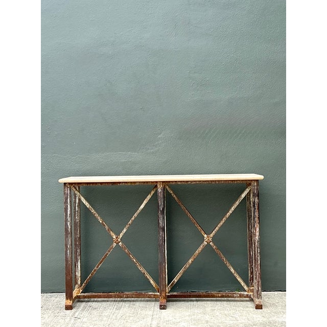 Wood Vintage Patinated Metal and Stone Console Table For Sale - Image 7 of 12
