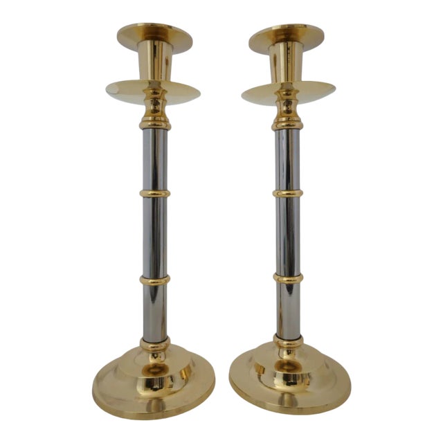 1970s Polished Mixed Metal Candle Holders Candlesticks - a Pair For Sale