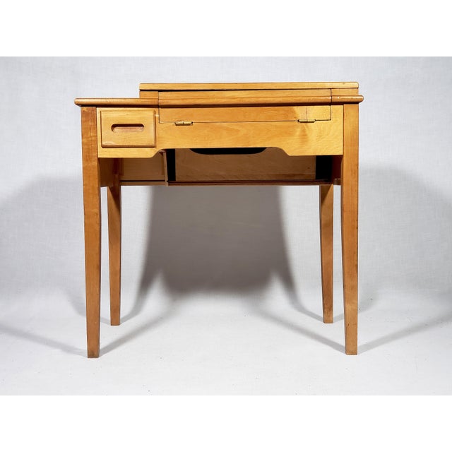 Mid-Century Modern Vintage Original Mid-Century Modern All Wood Maple Finish Sewing Machine Cabinet With Flip-Down Top & Pull Out Drawer For Sale - Image 3 of 14