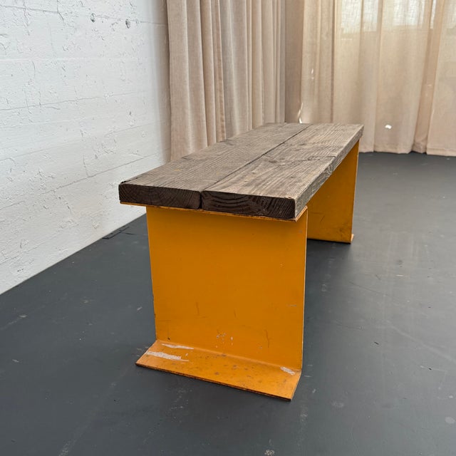 Late 20th Century Industrial Pine Wood and Yellow Steel Slat Bench or Coffee Table For Sale - Image 4 of 7