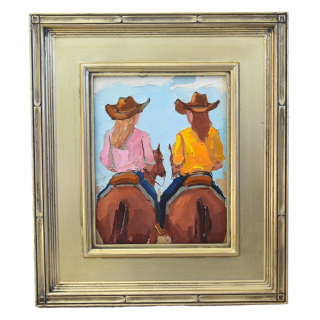 2020s Western Cowgirls & Horses Oil Painting Including the Antiqued Silver Wood Frame For Sale - Image 5 of 5
