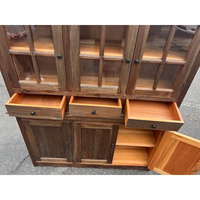 Rustic Wood Hutch Cabinet With Glass Doors and Drawers For Sale In Philadelphia - Image 6 of 9