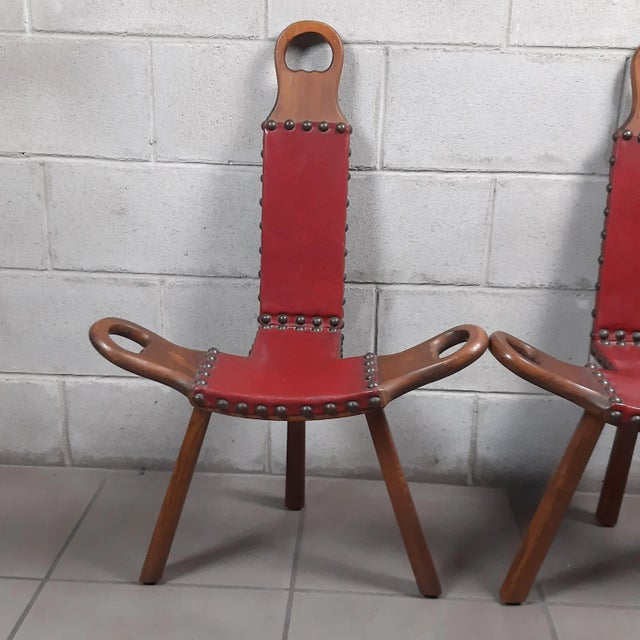 Wood Spanish Brutalist Chair in Wood & Red Leather, 1960s, Set of 2 For Sale - Image 7 of 18