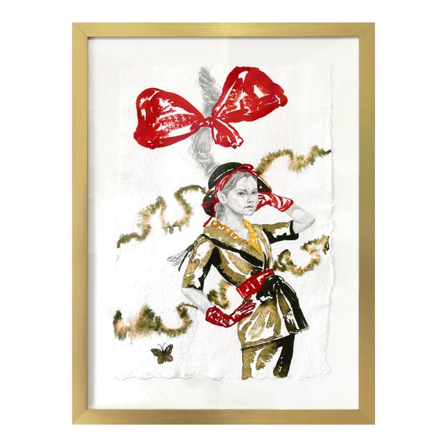 Red Bow II - Original High Fashion Couture Watercolor on Paper in Gold Frame by Carlos Gamez De Francisco For Sale
