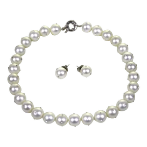 Lustrous Faux Pearl & Cz Diamond Inlay Necklace & Earrings Set - 3 Pieces