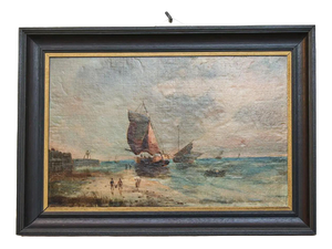 Dutch School Artist, Fishing Boats on the Beach, Oil on Wood Panel, Framed