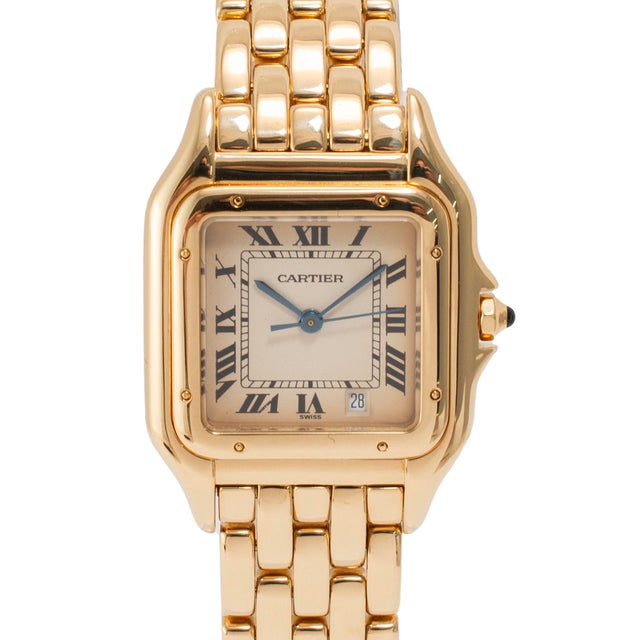 Modern Cartier Panthere Medium Size 27mm 8839 18k Yellow Gold White Roman Quartz Watch For Sale - Image 3 of 10