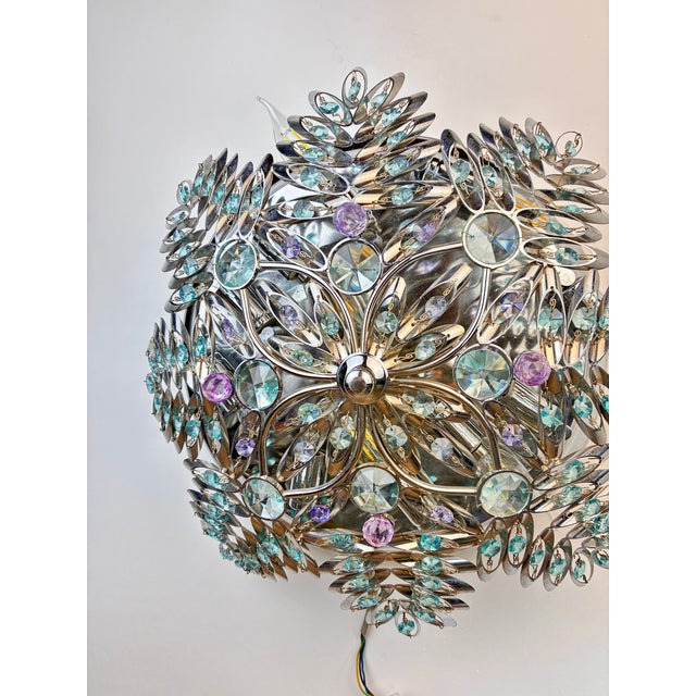 Glass Pair of Vintage Crystal Flush Mount Chandeliers, Hand-Painted Ceiling Lights, Large Mid Century Style Wall Sconces, Low Ceiling Light Set For Sale - Image 7 of 16