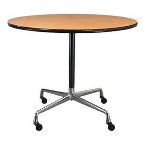 Vintage MCM Eames for Herman Miller Table Aluminum Universal Base With Black Casters & 36” Round Blonde Laminate Top