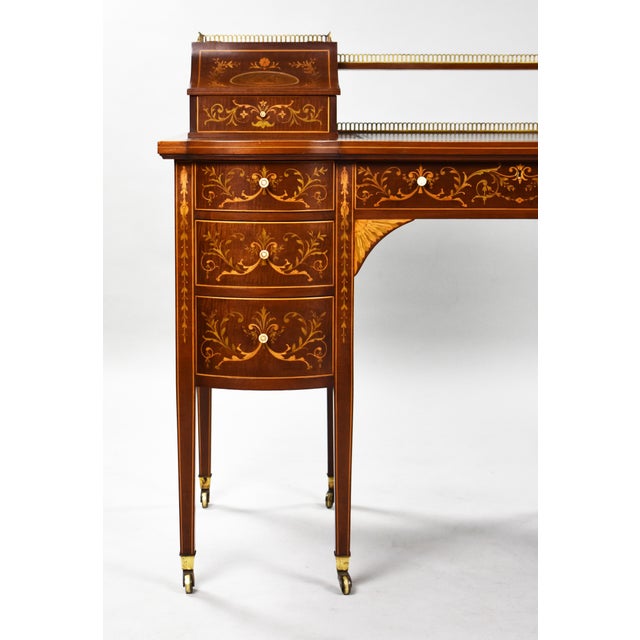 Wood 19th Century Victorian English Marquetry Inlaid Carlton House Desk For Sale - Image 7 of 18