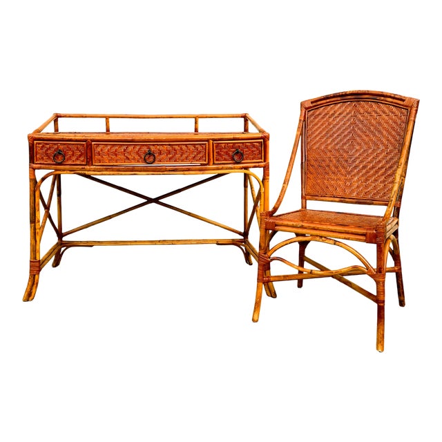 Vintage Burnt Bamboo Wicker Desk and Chair Set 2 Pieces Chairish