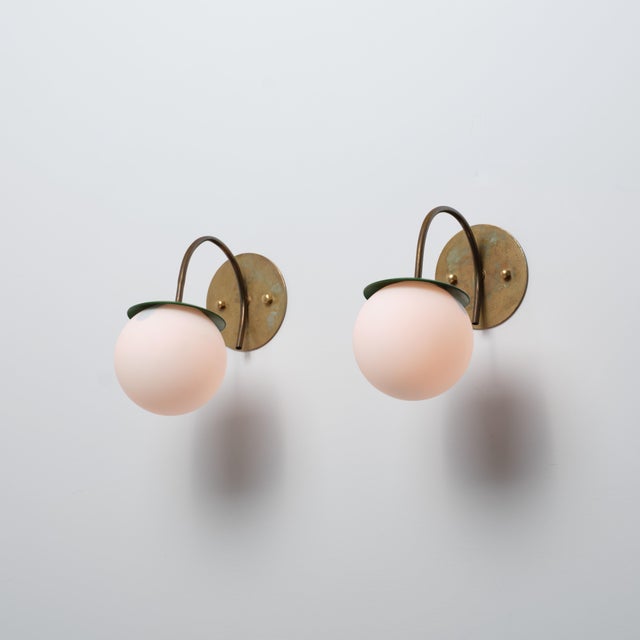Vintage Italian Brass Wall Lamps with Green Details and Opaline Globes, 1950s, Set of 2 For Sale - Image 6 of 15