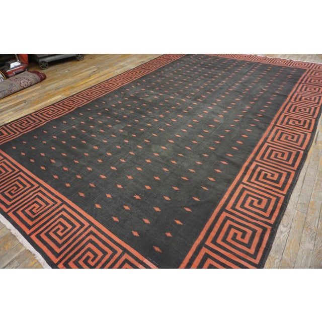 1920s Black Geometric Antique Indian Cotton Dhurrie Rug 8'3" X 12'9" Flatweave Carpet For Sale - Image 4 of 9
