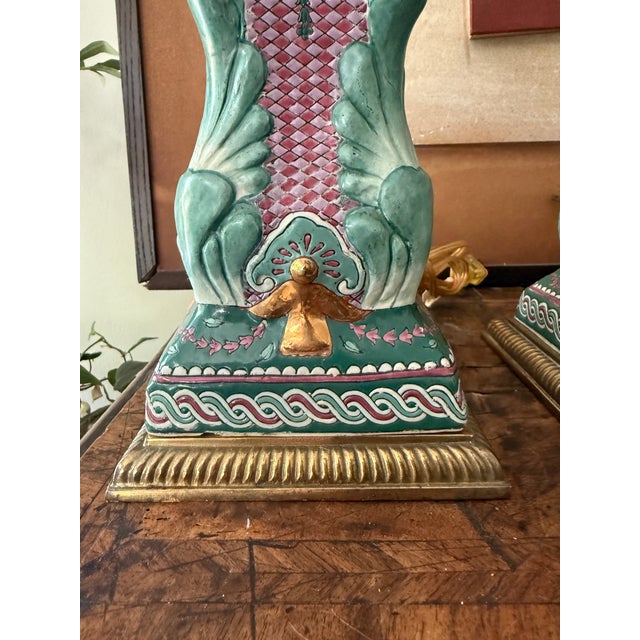 Pair of Vintage Ceramic Table Lamps Cabbage Leaf Motif Pink and Green Hollywood Regency Style For Sale - Image 4 of 12