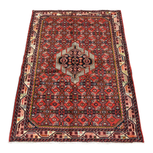 Hamedan Rug 3'5'' X 4'10'' Red Wool Vintage Tribal Hand-Knotted Oriental Carpet