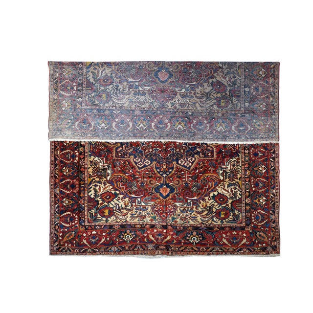 Vintage Persian Bakhtiari Rug 12'8'' x 15'4''. The 16 point round navy medallion shelters triple and single flowers in...