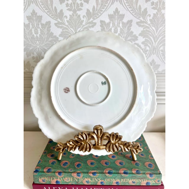 Late 19th Century Antique A. Lanternier Limoges 12” Hand-Painted Pink Rose Plate With Green & Gold Scalloped Rim – France, Circa 1890s For Sale - Image 5 of 6