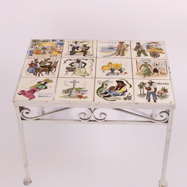 Arts & Crafts Antique Arts & Crafts Spanish Wrought Iron & Tile Top Table, Genre Scenes, 1930 For Sale - Image 3 of 18