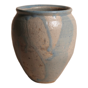 Vintage Signed Artisan Thrown Studio Pottery Vase With Blue Drip Glaze and Organic Minimalist Form