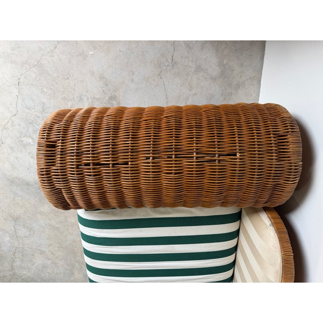 1970s Vintage Coastal Organic - Rattan Armchair With Rolled Arms & Striped Cushions For Sale - Image 11 of 15