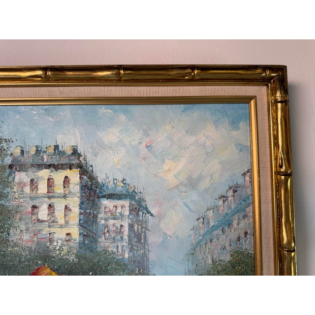 Wood 1980's Vintage T. Carson Street Scene Parisian Impressionist Oil Painting on Canvas, Framed For Sale - Image 7 of 12
