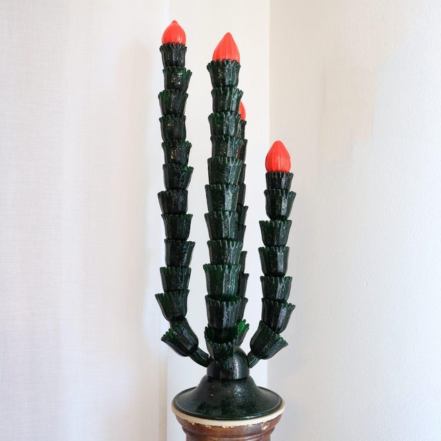 Cactus Sculpture in Green Pulegoso Glass with Coral Red Flowers attributed to Napoleone Martinuzzi for Venini, 1930 For Sale - Image 10 of 10