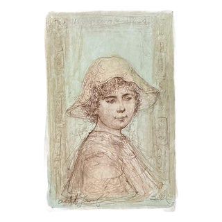 Vintage Hibble Portrait of Girl With Hat Lithograph For Sale