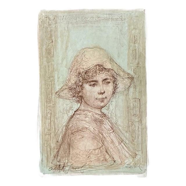 Vintage Hibble Portrait of Girl With Hat Lithograph For Sale