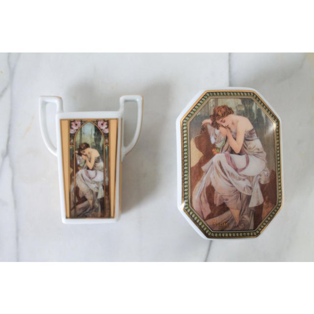 Victorian Vintage Goebel Artis Orbis Mucha 'Night's Rest' Miniature Vase & Trinket Box German Goebel Collection For Sale - Image 3 of 15