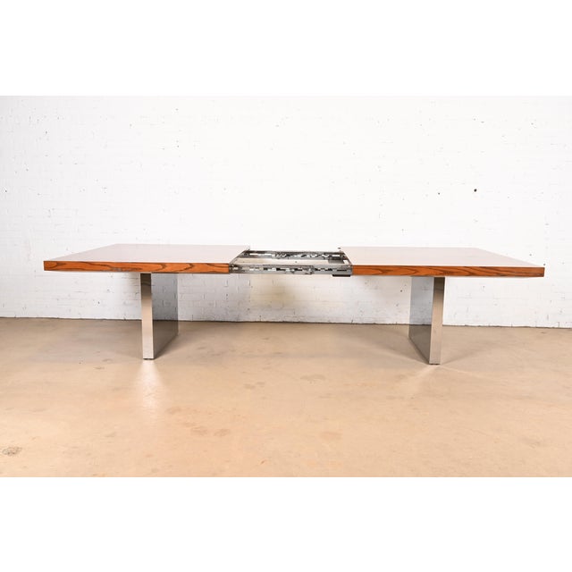 Roger Sprunger for Dunbar Mid-Century Modern Oak and Chrome Extension Dining Table, Newly Refinished For Sale In South Bend - Image 6 of 11