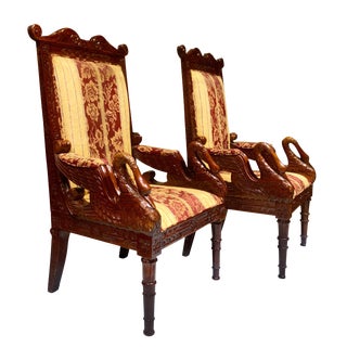 Regency Victorian Carved Mahogany Swan Club Chairs - a Pair For Sale