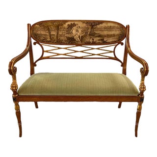 Carved Walnut and Parcel Gilt Neoclassical Settee With a Hand Painted Cartouche Back by Galimberti Lino Italy For Sale