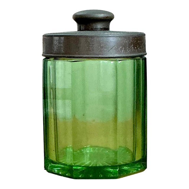 Vintage Octagonal Green Glass Canister For Sale