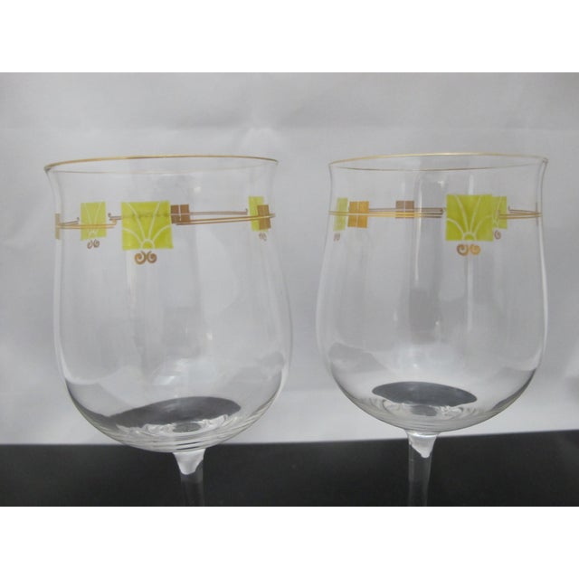 Mid-Century Modern MCM Mid Century Modern Gold & Green Enamel Crystal Wine Glass Goblet Pair For Sale - Image 3 of 8