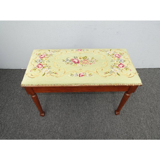Wood Vintage French Needlepoint Tapestry Bench Stool ~ Green Floral Stitch For Sale - Image 7 of 12