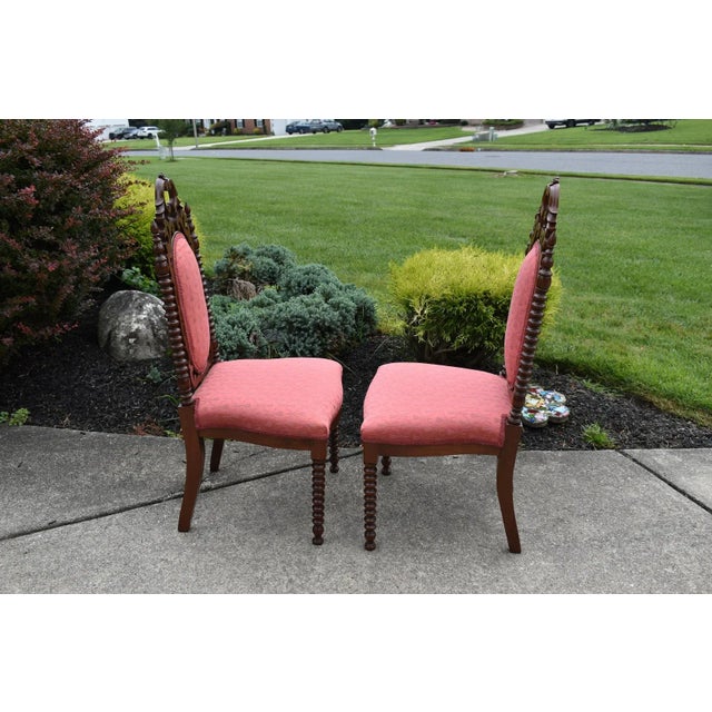 Brown Antique Walnut Boudoir Chairs Victorian Side Spindle Carved Pair 1880s Coral For Sale - Image 8 of 12
