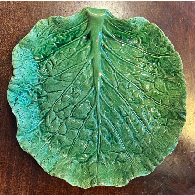 Antique Portuguese Majolica Pottery Green Cabbage or Lettuce Leaf Serving Dish For Sale - Image 10 of 14