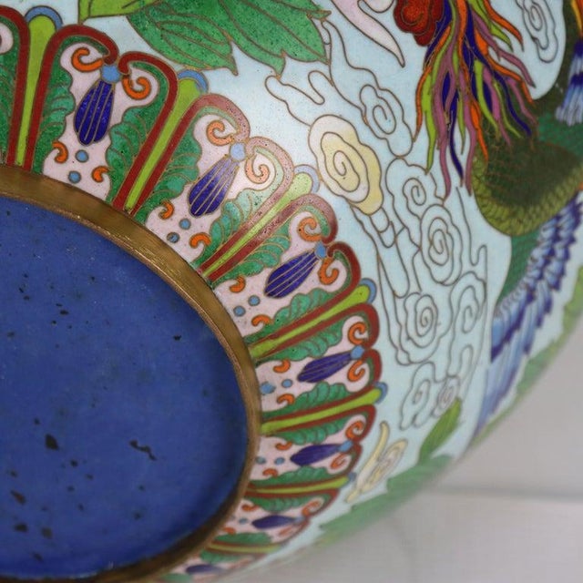 Oversized Vintage Chinese Cloisonne Enameled Bowl With Floral & Pheasants 20thC For Sale - Image 10 of 11