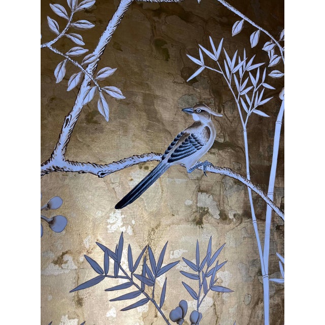 Metal Set of 3 Hand Painted Gold Leaf Chinoiserie Wallpaper Panels, Monochrome Bird & Bamboo Floral Mural, Custom Size Available For Sale - Image 7 of 9
