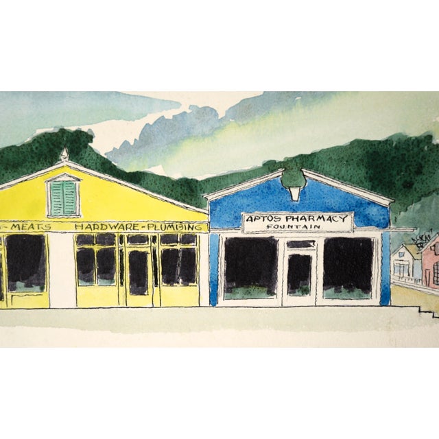 Shops in Aptos Village, California - Mid Century Watercolor by Jon Blanchette For Sale - Image 4 of 8