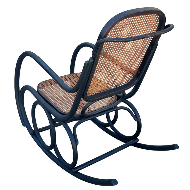 Black Early 20th Century Late Victorian Czechoslovakian Oak Scrolling Rocking Chair W/ Wicker Seat For Sale - Image 8 of 10