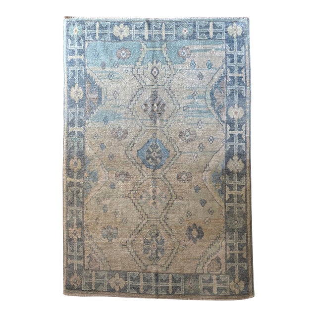 Contemporary Turkish Oushak Rug in Beige and Blue Tones | 5'1" X 7'8" For Sale