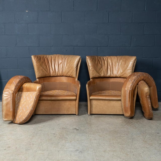 Animal Skin Vintage 20th Century Italian Brown Leather Armchairs from Lev & Lev, 1970s, Set of 2 For Sale - Image 7 of 18