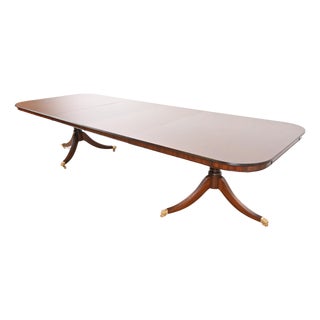 Baker Furniture Style Georgian Banded Flame Mahogany Double Pedestal Extension Dining Table, Newly Refinished For Sale
