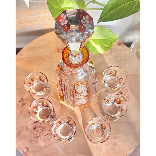 Vintage Bohemian Czech Art Deco Amber Cut Crystal Decanter Set with 6 Glasses Elegant vintage Bohemian Czech crystal...