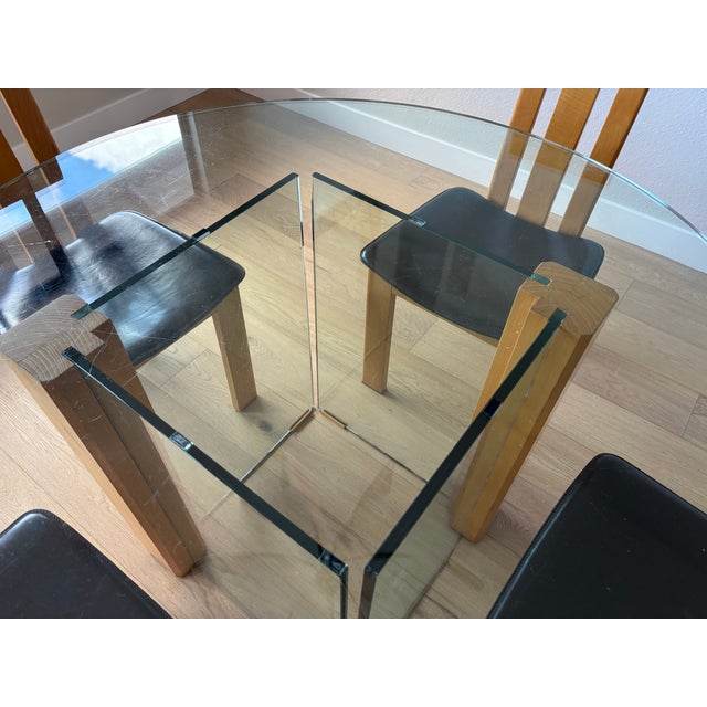 1980s Vintage Italian Glass Table With a Set of 4 Wood and Brown Leather Chairs in the Style of Pietro Costantini For Sale - Image 15 of 18