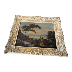 Original Oil Pastoral Landscape Painting in the Style of Romantic Period. Signed Luigi Lower R. Gold Framed 20th Century