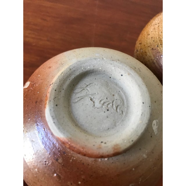Rustic Vintage Studio Signed Pottery Drippy Glaze Tea Cup or Bowls - Pair For Sale - Image 3 of 10