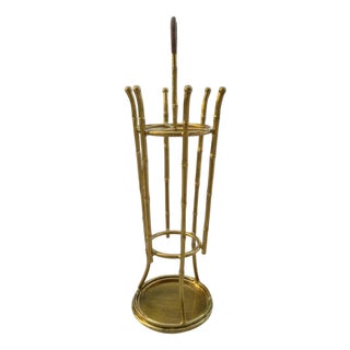 Brass Umbrella Stand with Rattan Accent by Maitland-Smith For Sale